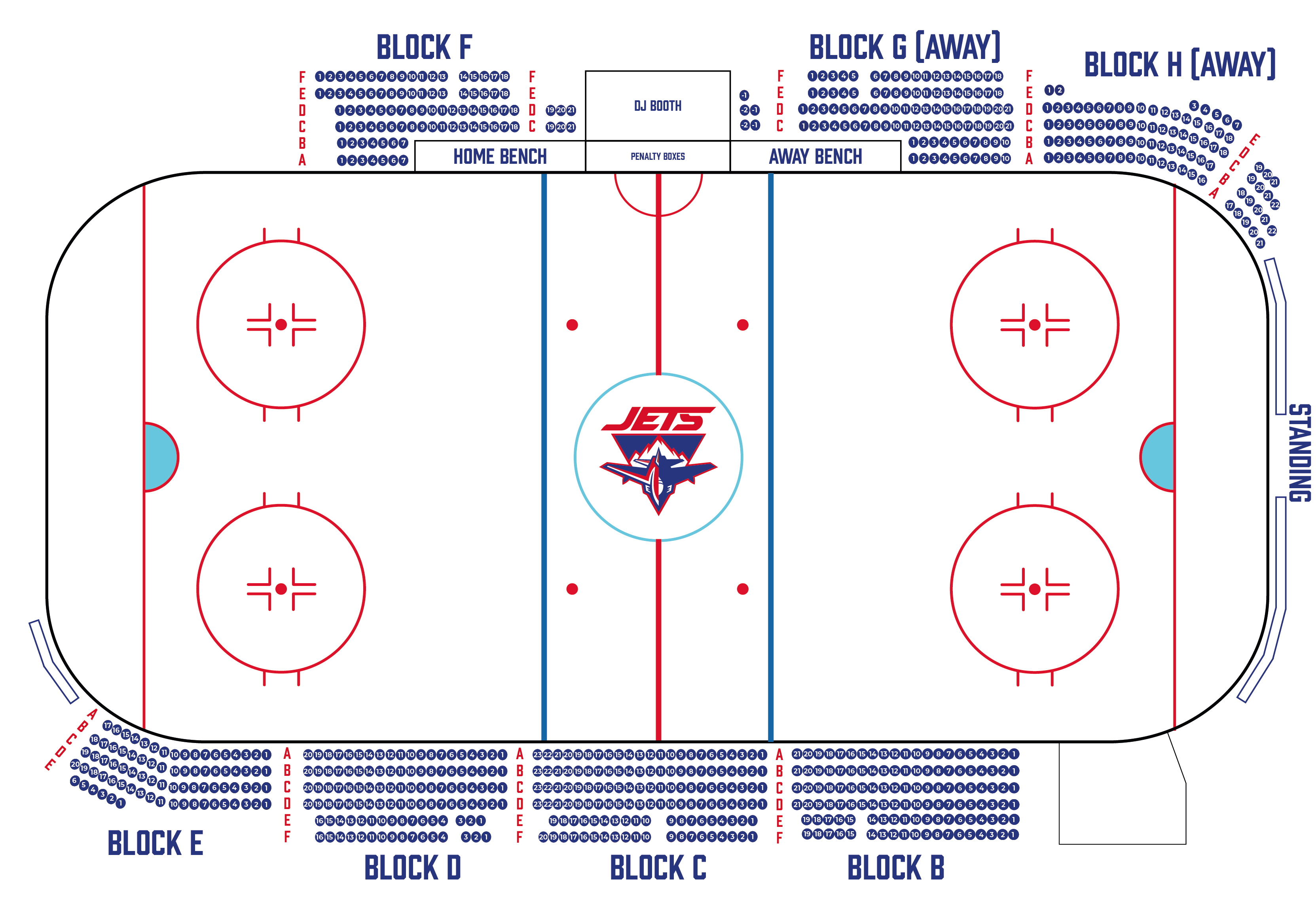 Venue seating plan showing Blocks B through H and standing areas
